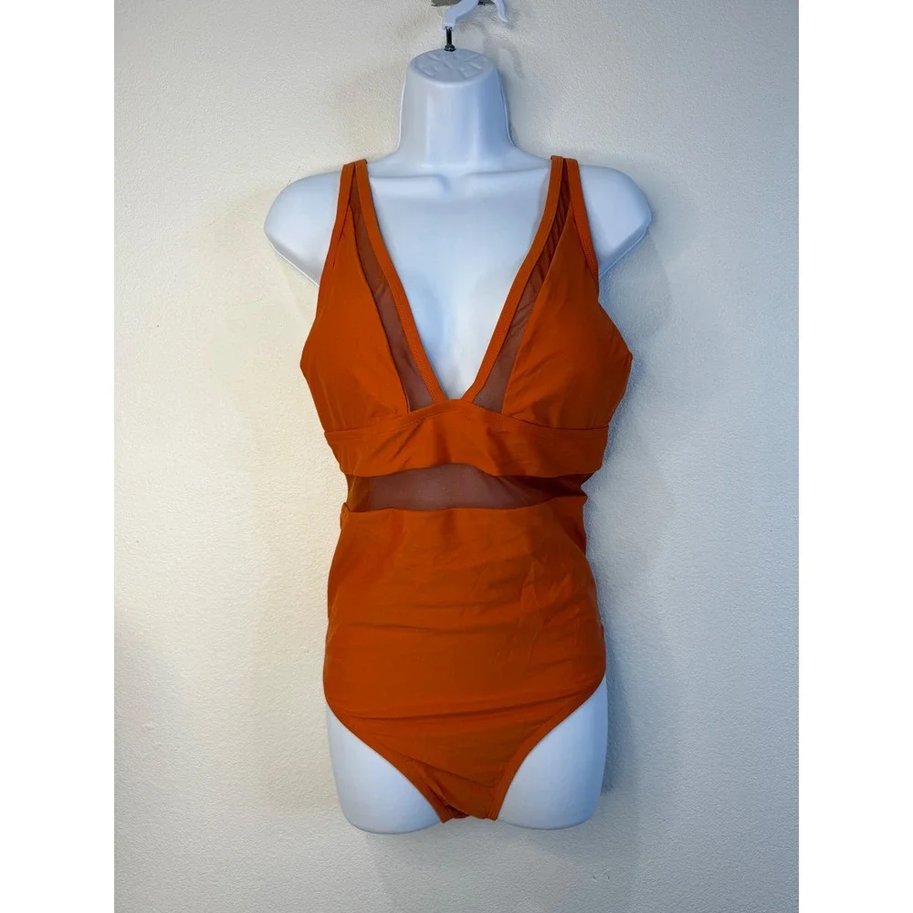 Cupshe Women Burnt Orange Mesh V-Neck One-Piece Swimsuit DGA12E3D001JJ 1X NWT